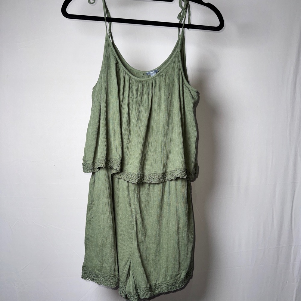 Aerie Olive Green Popover Romper Crochet Lace Trim Tie Straps Medium - Picture 2 of 12